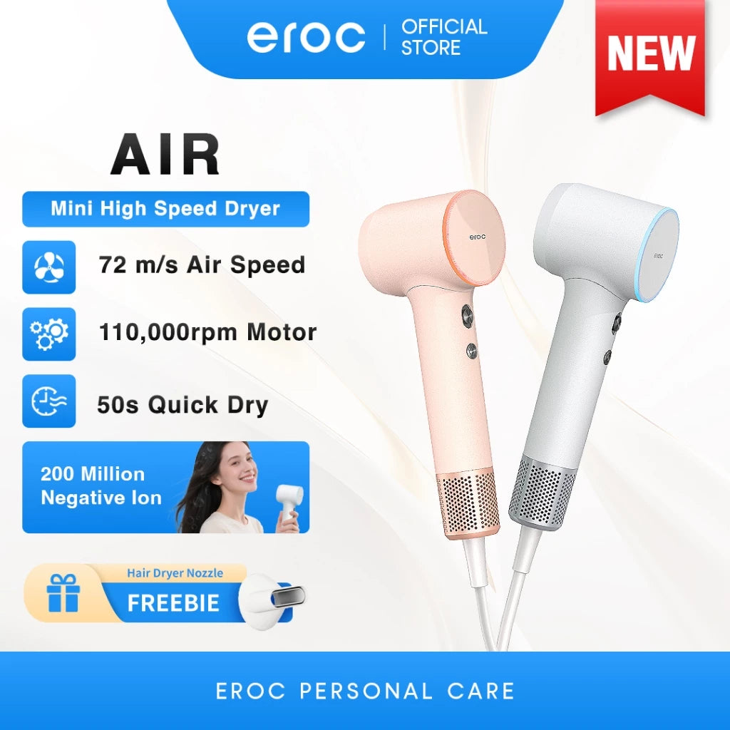 Eroc Air Mini High Speed Hair Dryer Blower 50sec Quick Drying 200 Million Ion 72m/s Airspeed