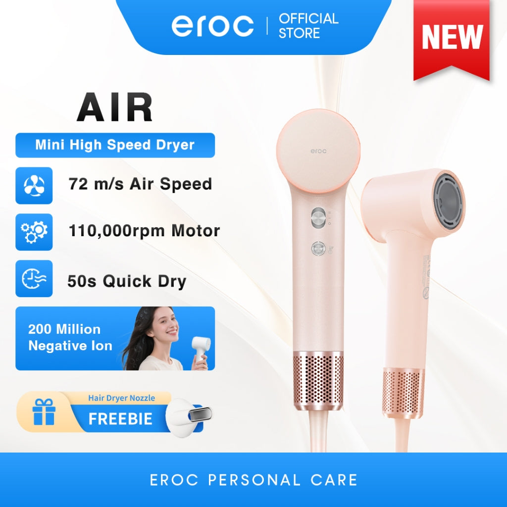 Eroc Air Mini High Speed Hair Dryer Blower 50sec Quick Drying 200 Million Ion 72m/s Airspeed