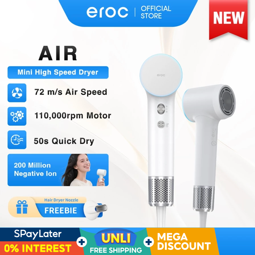 Eroc Air Mini High Speed Hair Dryer Blower 50sec Quick Drying 200 Million Ion 72m/s Airspeed